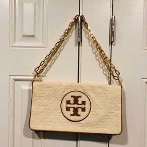 Tory Burch patent leather clutch with chain strap